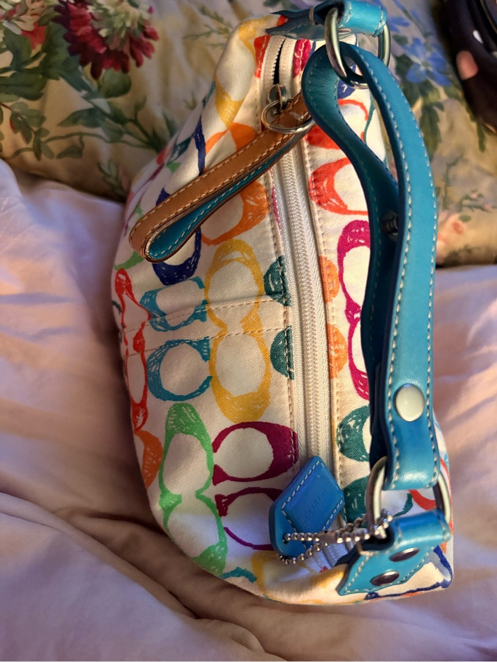 Coach Multicolor Signature Canvas mini Bag with Blue Strap and Tan Trim - Picture 4 of 5
